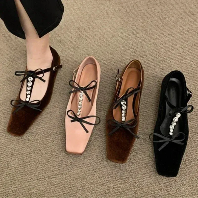 binfenxie  -  Bow Rhinestone Flat Ballet Shoes Square Toe Soft Sole Fashion Designer Shoes Ladies Casual Comfy Designer Brand Mary Jane Shoes