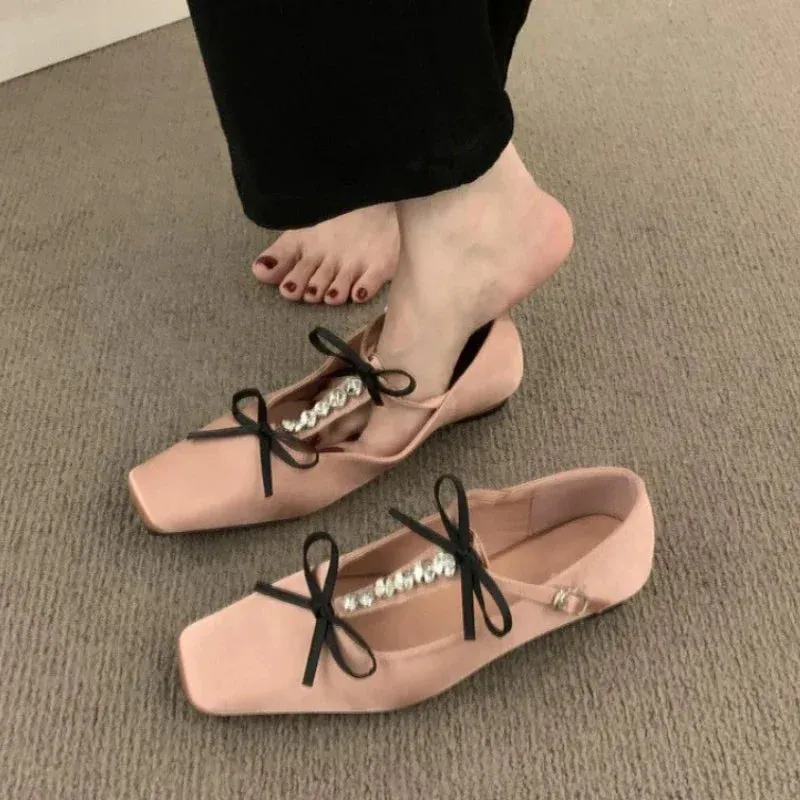 binfenxie  -  Bow Rhinestone Flat Ballet Shoes Square Toe Soft Sole Fashion Designer Shoes Ladies Casual Comfy Designer Brand Mary Jane Shoes