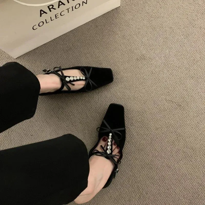 binfenxie  -  Bow Rhinestone Flat Ballet Shoes Square Toe Soft Sole Fashion Designer Shoes Ladies Casual Comfy Designer Brand Mary Jane Shoes