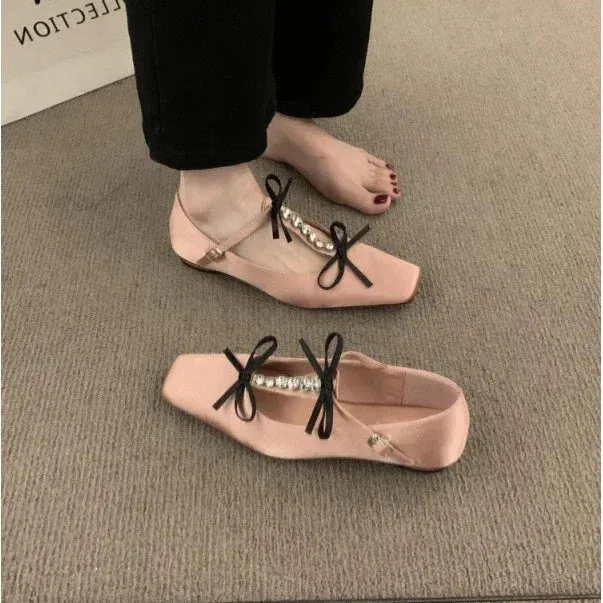 binfenxie  -  Bow Rhinestone Flat Ballet Shoes Square Toe Soft Sole Fashion Designer Shoes Ladies Casual Comfy Designer Brand Mary Jane Shoes