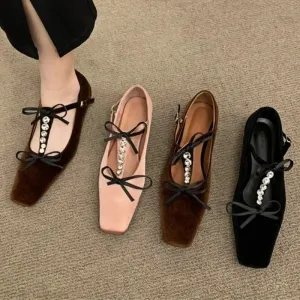 binfenxie  -  Bow Rhinestone Flat Ballet Shoes Square Toe Soft Sole Fashion Designer Shoes Ladies Casual Comfy Designer Brand Mary Jane Shoes