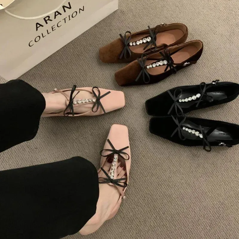 binfenxie  -  Bow Rhinestone Flat Ballet Shoes Square Toe Soft Sole Fashion Designer Shoes Ladies Casual Comfy Designer Brand Mary Jane Shoes