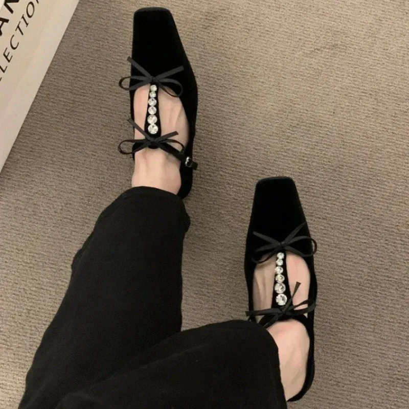 binfenxie  -  Bow Rhinestone Flat Ballet Shoes Square Toe Soft Sole Fashion Designer Shoes Ladies Casual Comfy Designer Brand Mary Jane Shoes