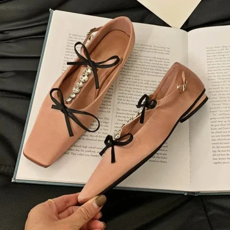 binfenxie  -  Bow Rhinestone Flat Ballet Shoes Square Toe Soft Sole Fashion Designer Shoes Ladies Casual Comfy Designer Brand Mary Jane Shoes