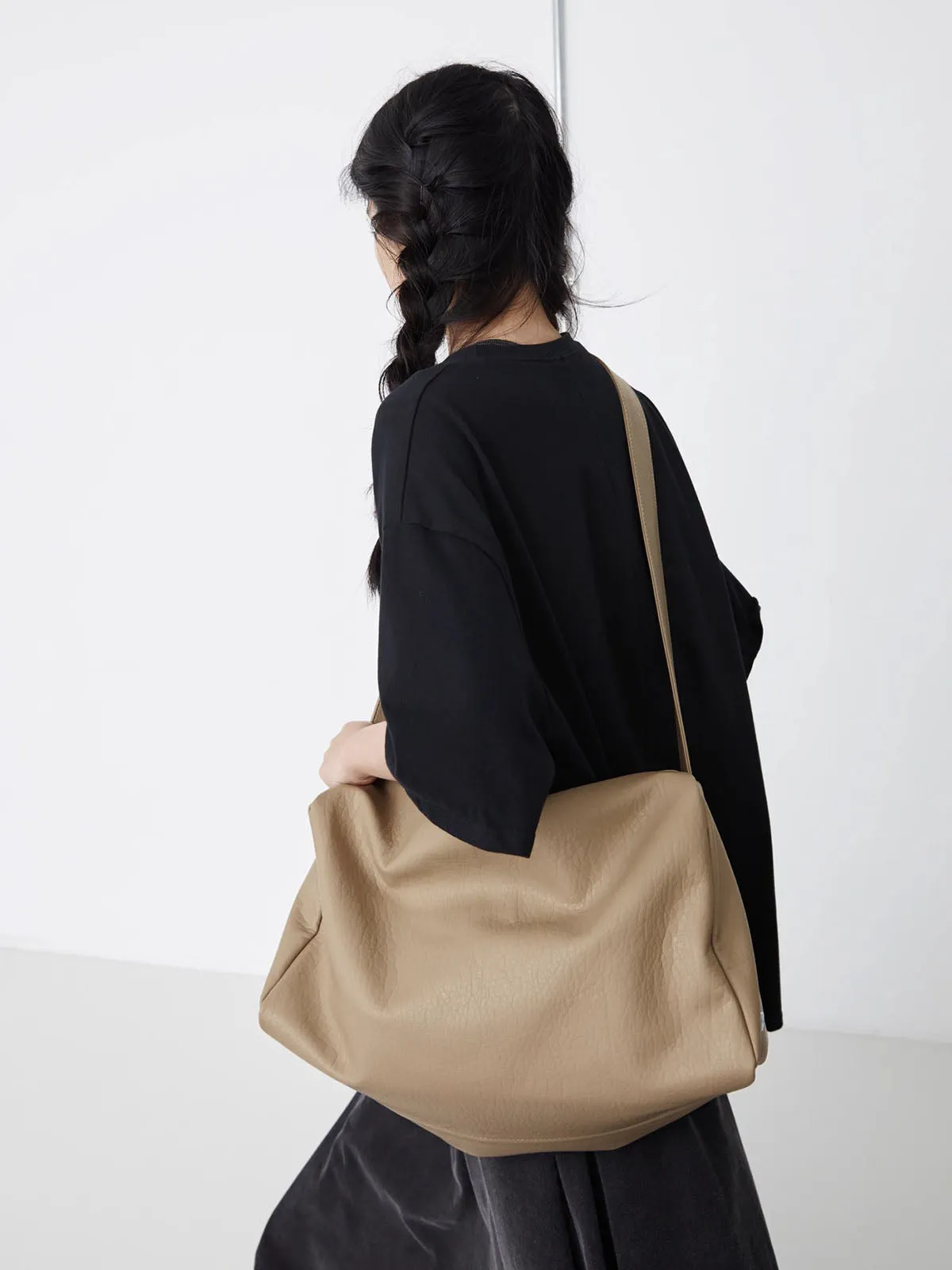 Durable Double Strap Crossbody Bag Large Capacity Soft Leather Shoulder Bag