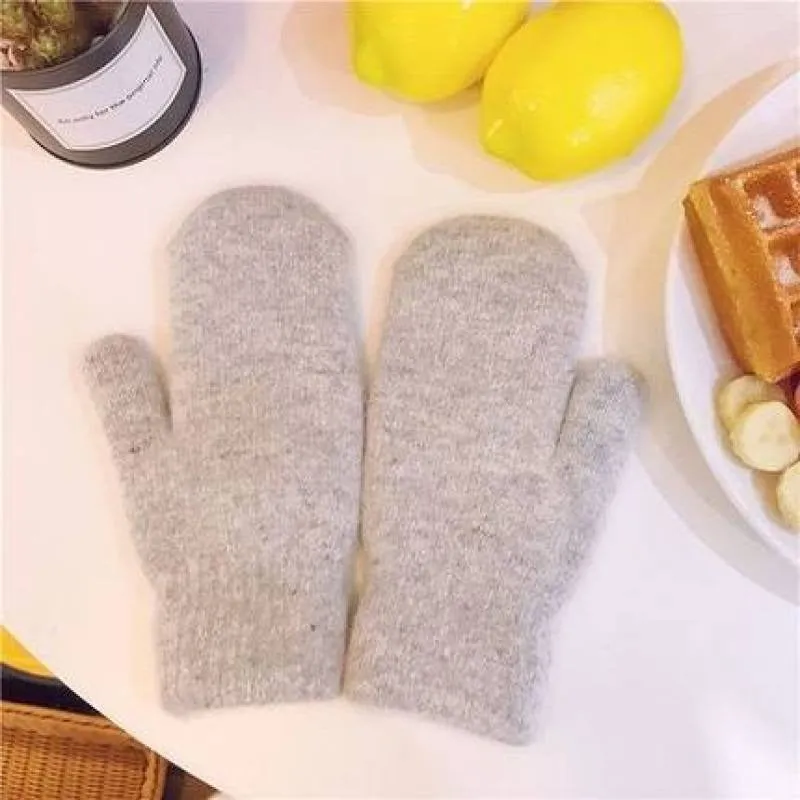 Elastic Solid-Colored Full Finger Soft Knitted Winter Mittens
