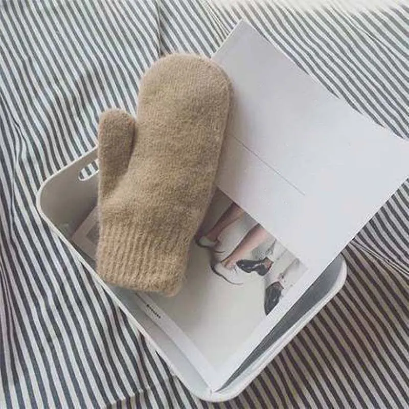 Elastic Solid-Colored Full Finger Soft Knitted Winter Mittens