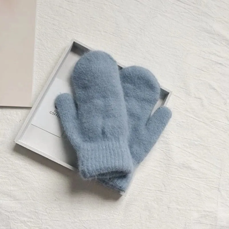 Elastic Solid-Colored Full Finger Soft Knitted Winter Mittens