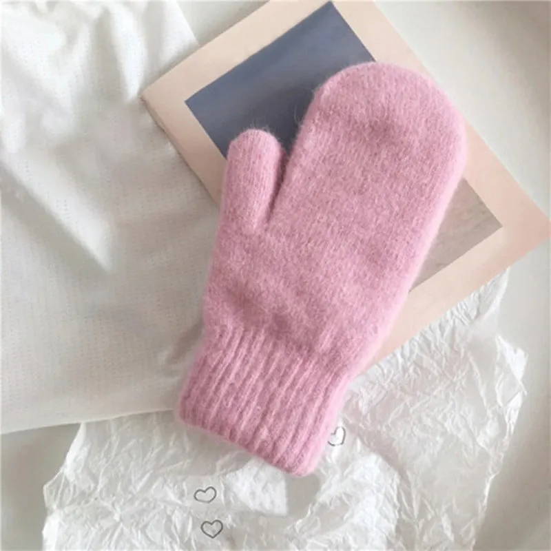 Elastic Solid-Colored Full Finger Soft Knitted Winter Mittens