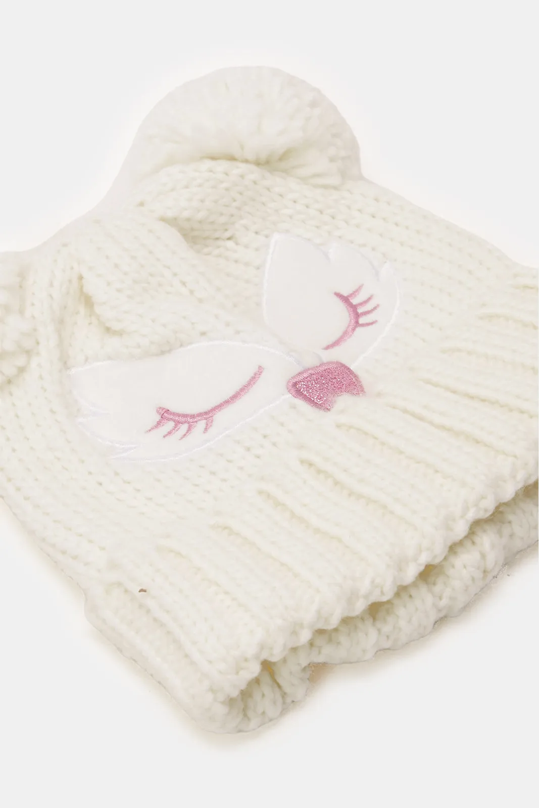 Girls White Knitted Cap With Gloves Set (2 Piece)