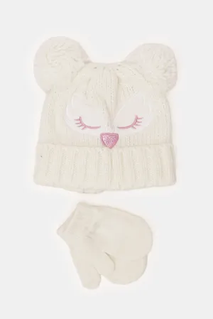 Girls White Knitted Cap With Gloves Set (2 Piece)