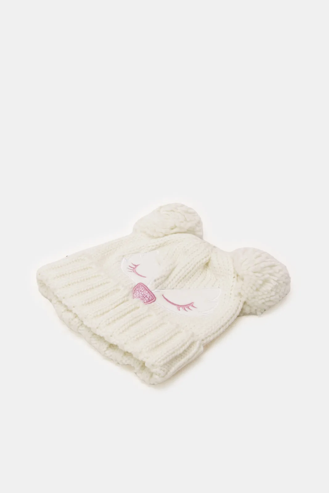 Girls White Knitted Cap With Gloves Set (2 Piece)