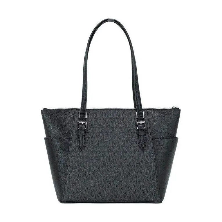 Michael Kors Charlotte Black PVC Leather Large Top Zip Tote Handbag Bag Purse