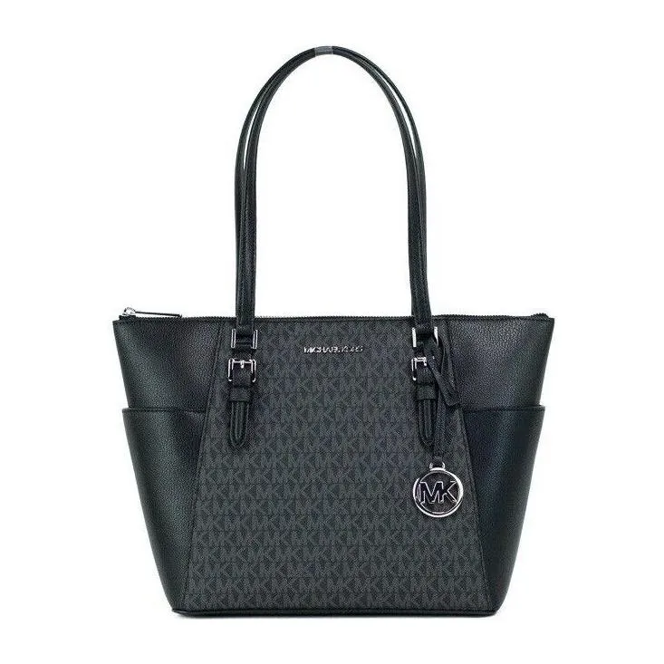 Michael Kors Charlotte Black PVC Leather Large Top Zip Tote Handbag Bag Purse