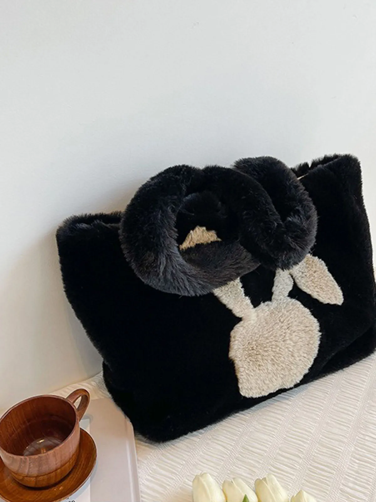 Winter Large Capacity Fluffy Tote Bag Rabbit Print Plush Shoulder Bag