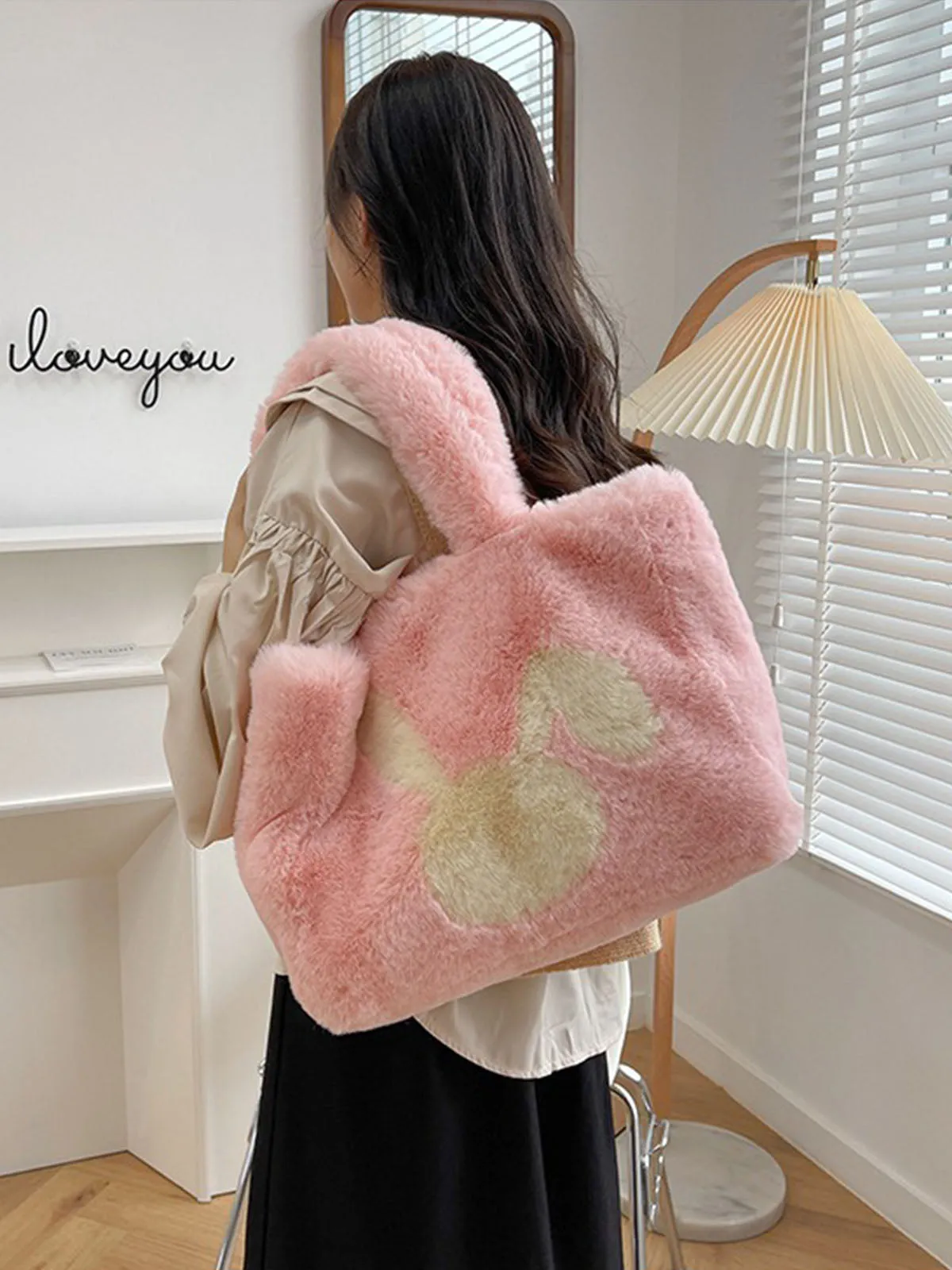 Winter Large Capacity Fluffy Tote Bag Rabbit Print Plush Shoulder Bag