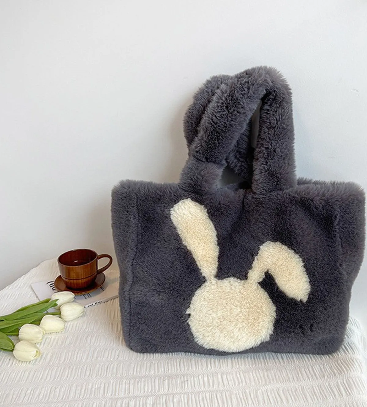 Winter Large Capacity Fluffy Tote Bag Rabbit Print Plush Shoulder Bag