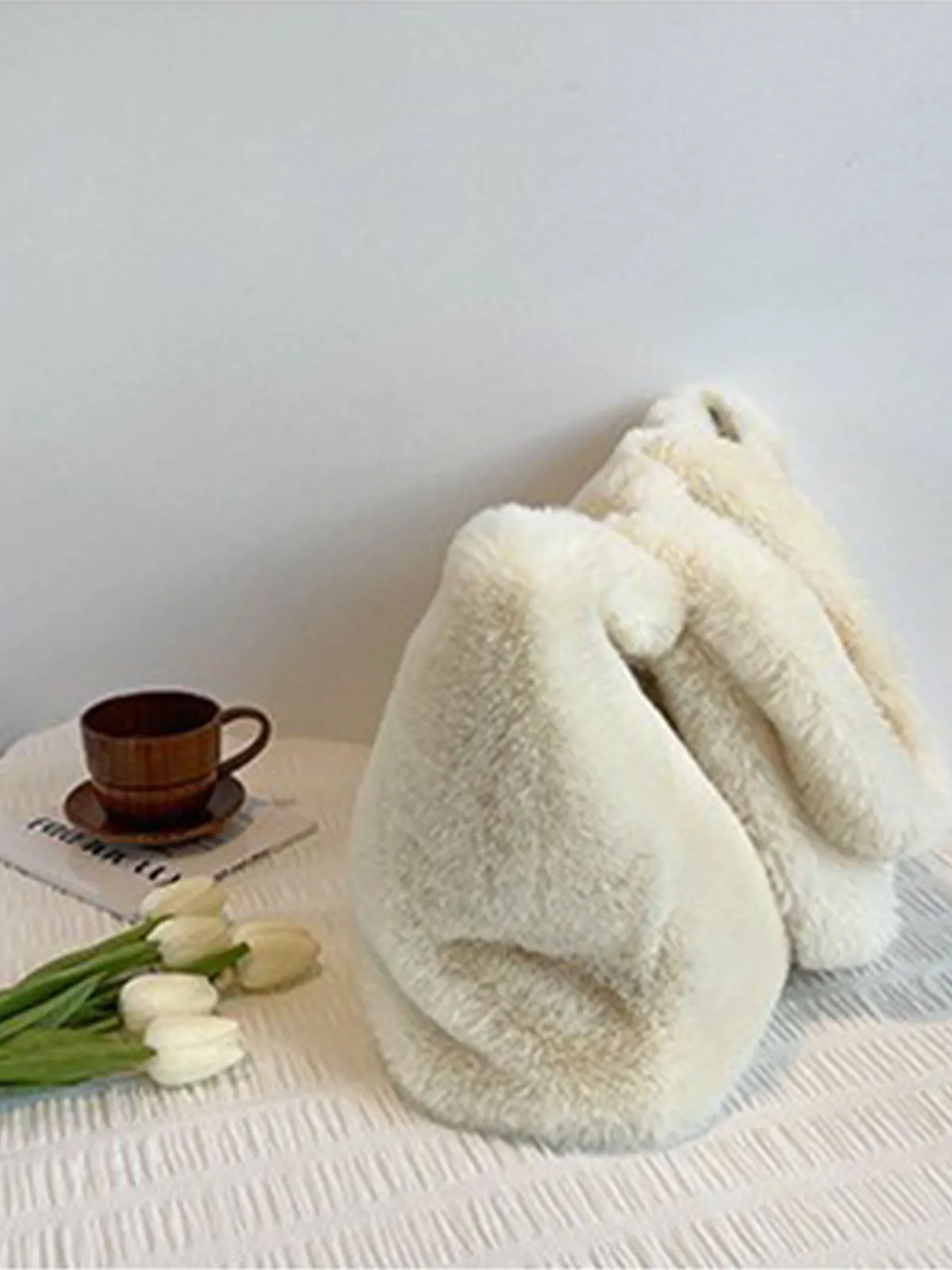 Winter Large Capacity Fluffy Tote Bag Rabbit Print Plush Shoulder Bag