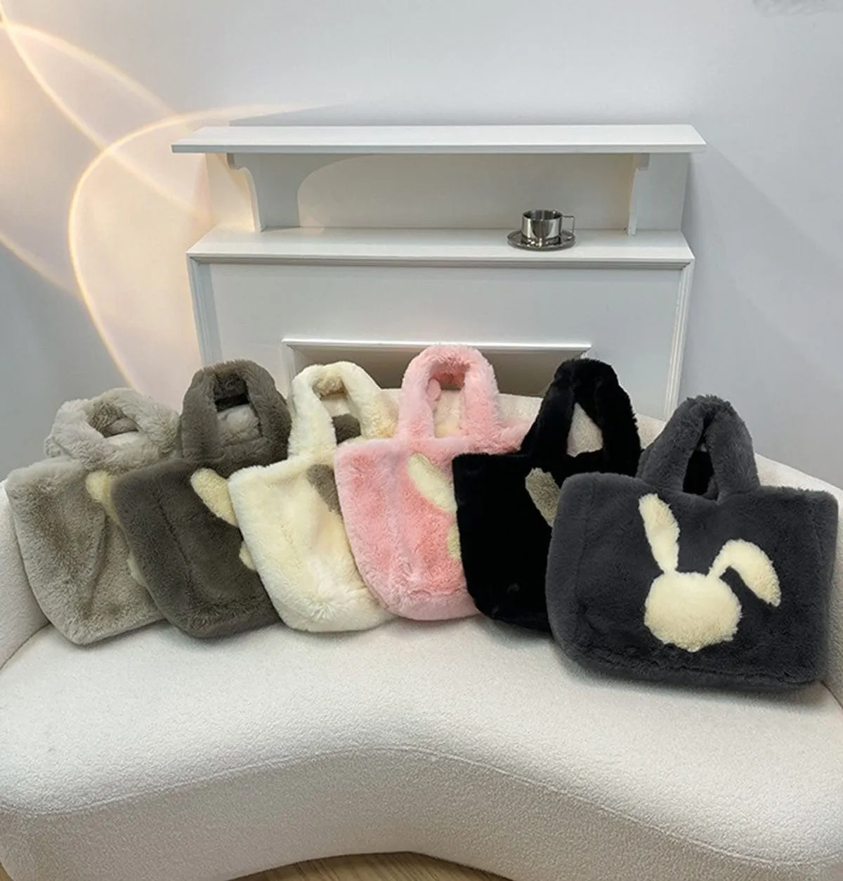 Winter Large Capacity Fluffy Tote Bag Rabbit Print Plush Shoulder Bag