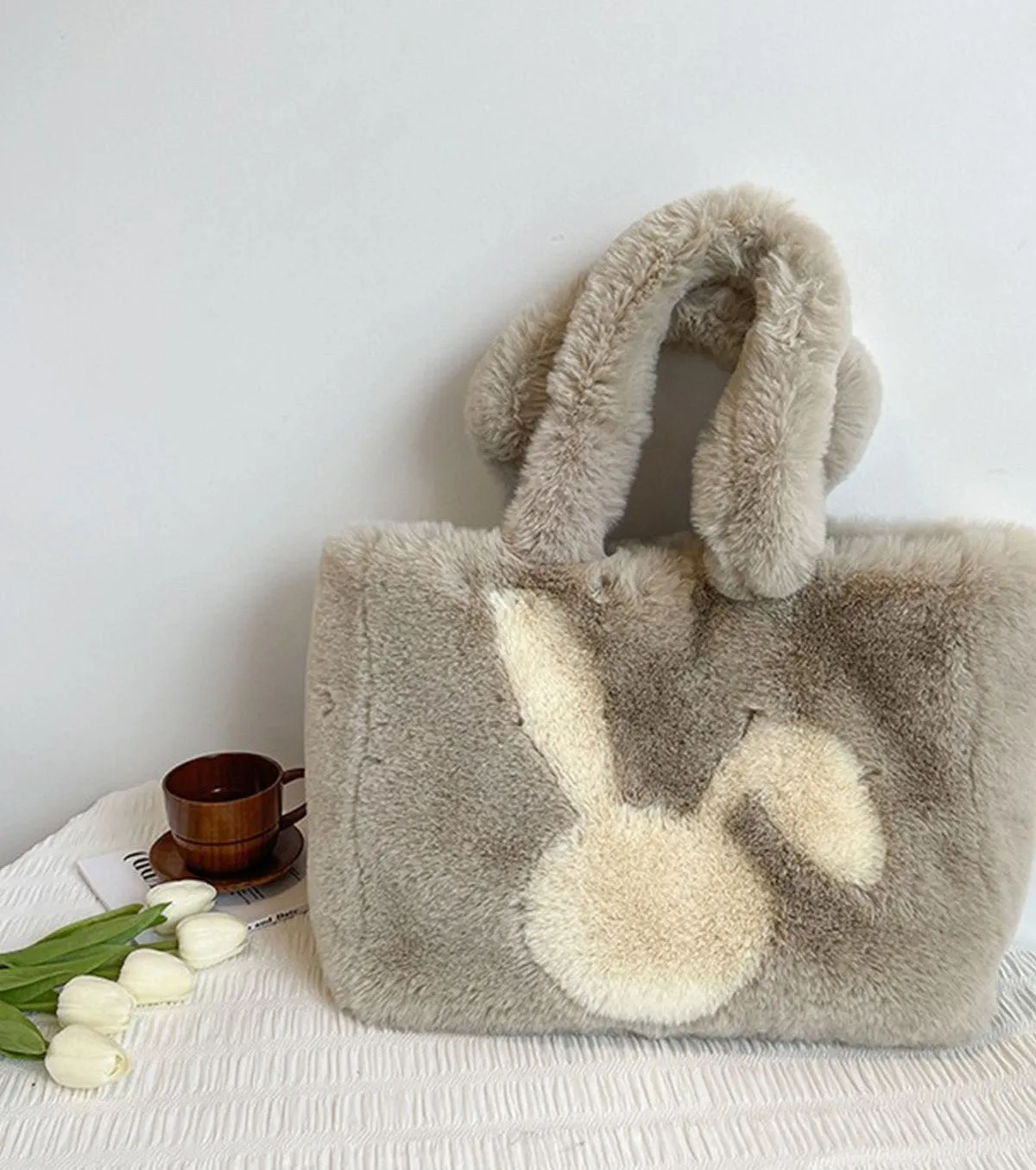Winter Large Capacity Fluffy Tote Bag Rabbit Print Plush Shoulder Bag