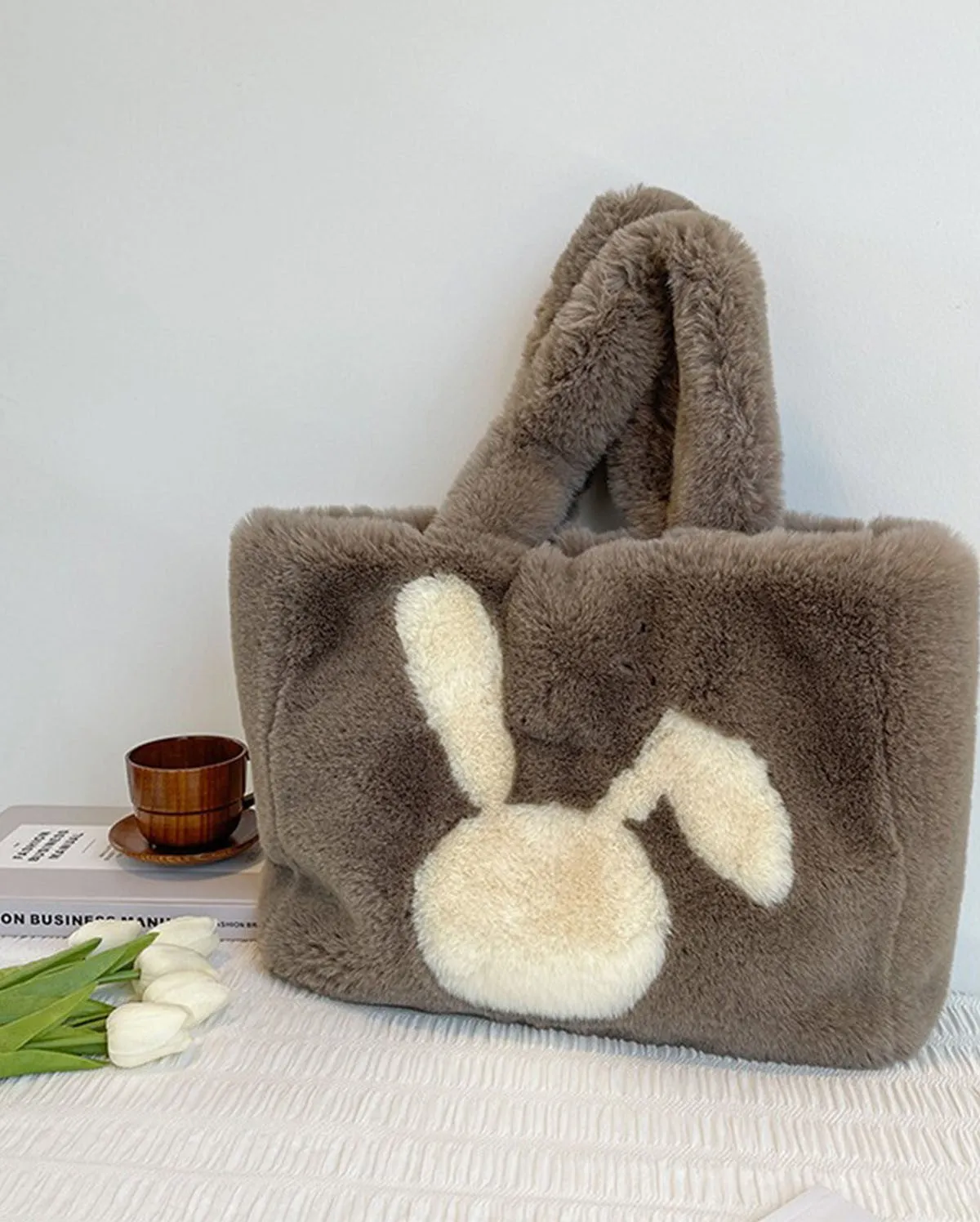 Winter Large Capacity Fluffy Tote Bag Rabbit Print Plush Shoulder Bag