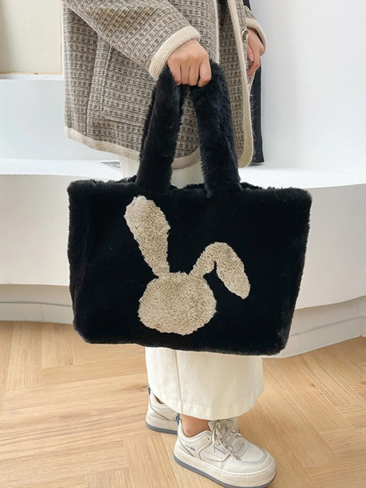 Winter Large Capacity Fluffy Tote Bag Rabbit Print Plush Shoulder Bag