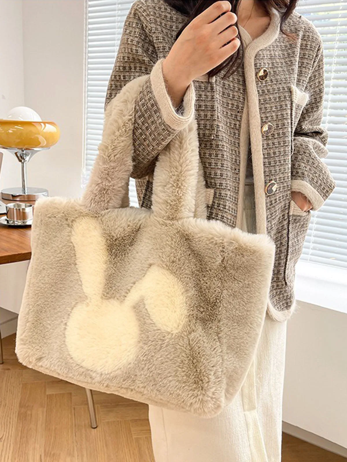 Winter Large Capacity Fluffy Tote Bag Rabbit Print Plush Shoulder Bag