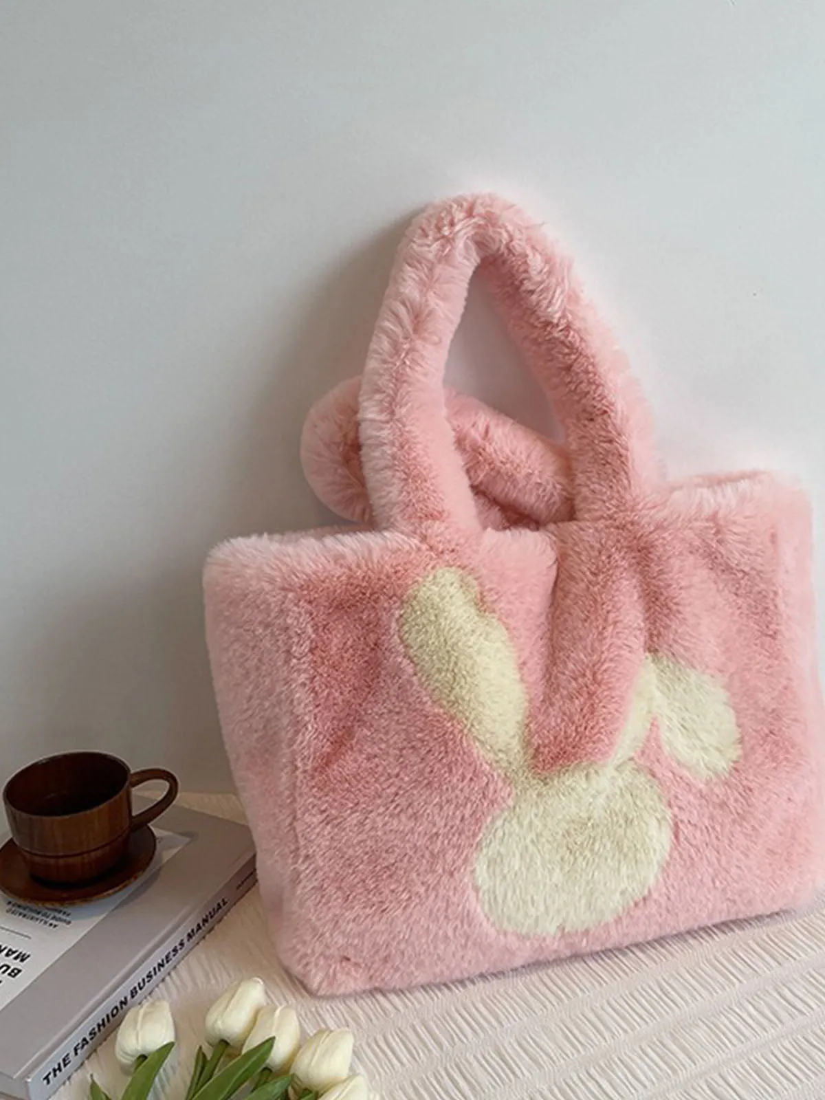 Winter Large Capacity Fluffy Tote Bag Rabbit Print Plush Shoulder Bag