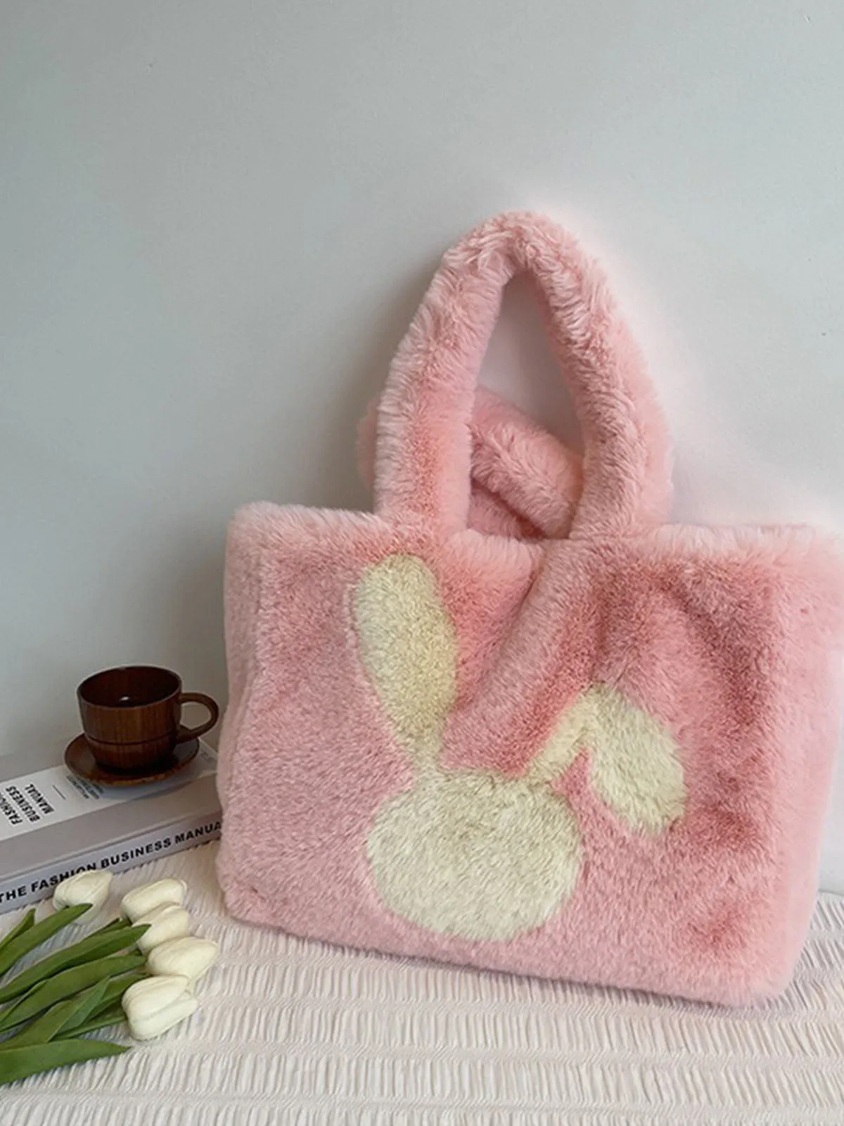 Winter Large Capacity Fluffy Tote Bag Rabbit Print Plush Shoulder Bag
