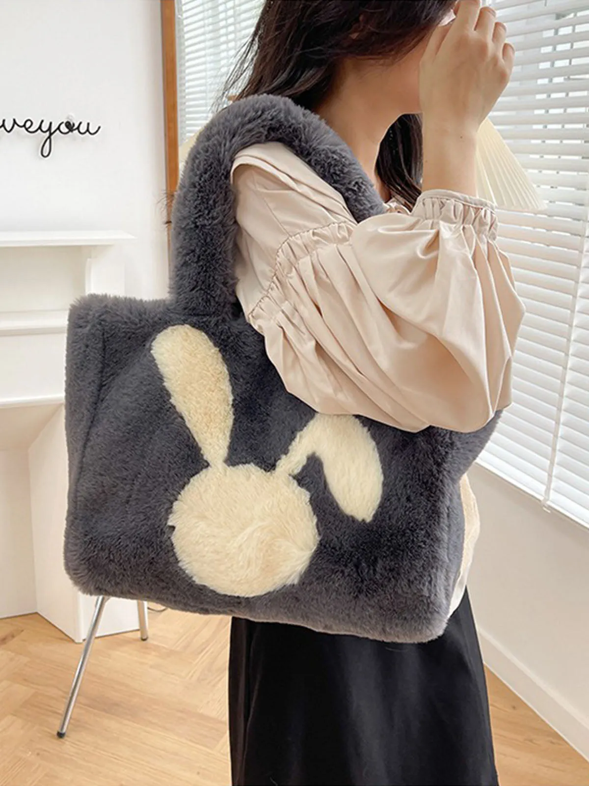 Winter Large Capacity Fluffy Tote Bag Rabbit Print Plush Shoulder Bag