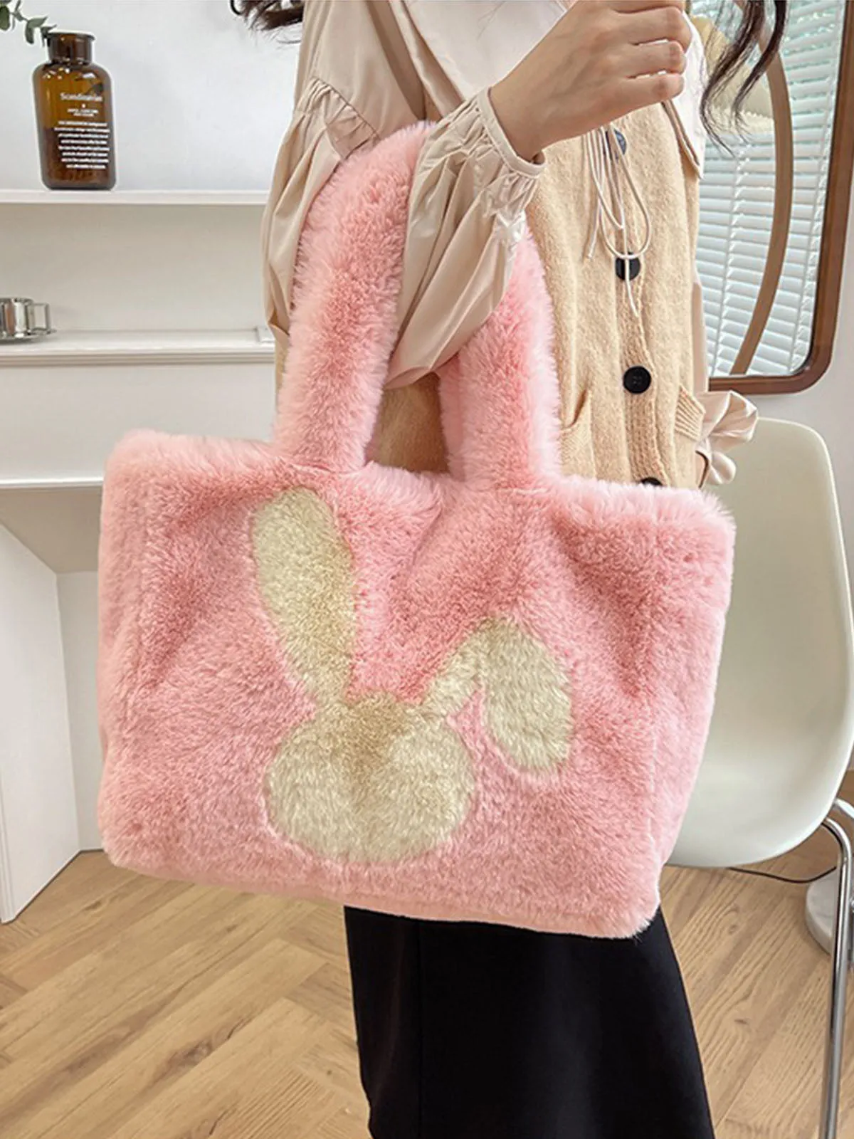 Winter Large Capacity Fluffy Tote Bag Rabbit Print Plush Shoulder Bag