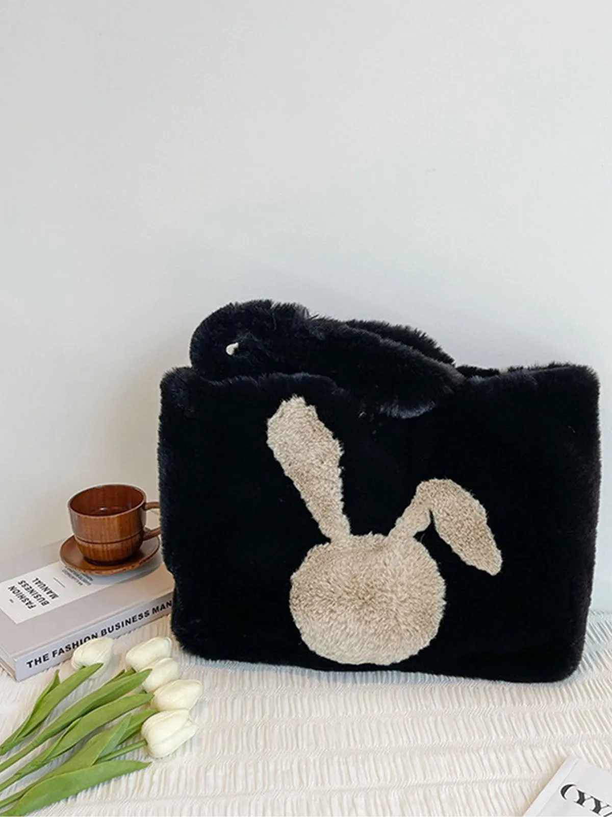 Winter Large Capacity Fluffy Tote Bag Rabbit Print Plush Shoulder Bag