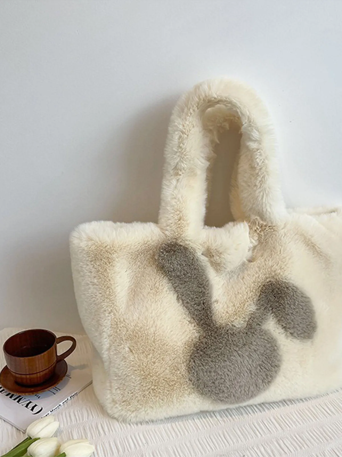 Winter Large Capacity Fluffy Tote Bag Rabbit Print Plush Shoulder Bag