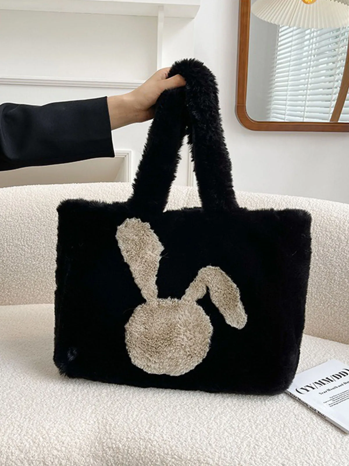 Winter Large Capacity Fluffy Tote Bag Rabbit Print Plush Shoulder Bag