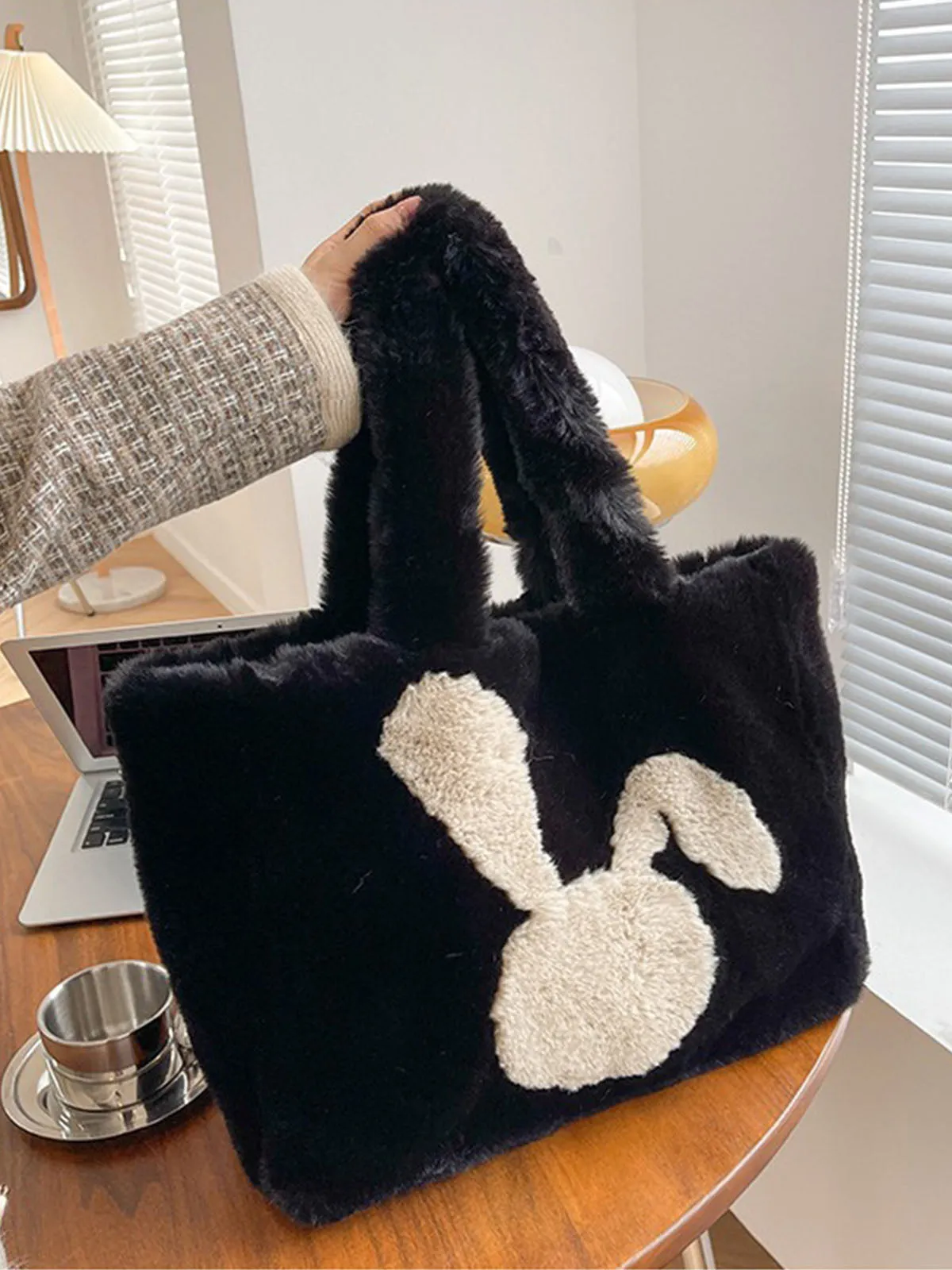 Winter Large Capacity Fluffy Tote Bag Rabbit Print Plush Shoulder Bag