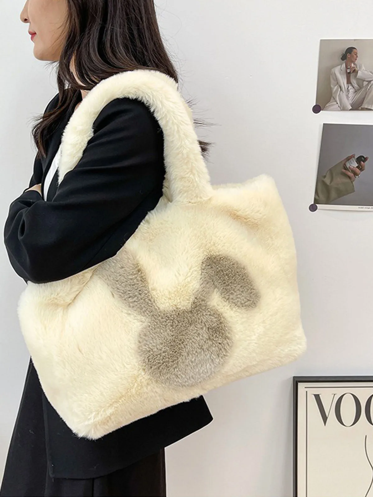 Winter Large Capacity Fluffy Tote Bag Rabbit Print Plush Shoulder Bag