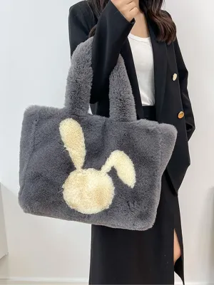 Winter Large Capacity Fluffy Tote Bag Rabbit Print Plush Shoulder Bag