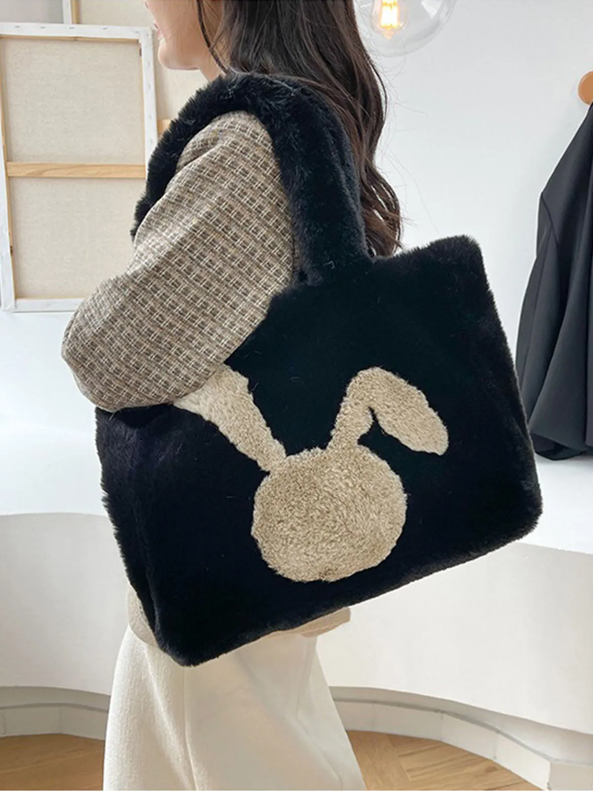 Winter Large Capacity Fluffy Tote Bag Rabbit Print Plush Shoulder Bag