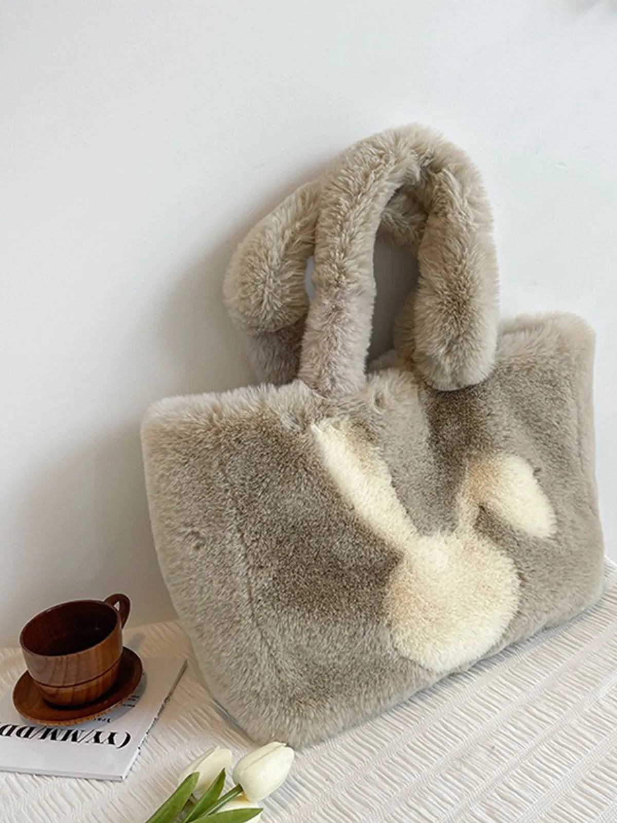 Winter Large Capacity Fluffy Tote Bag Rabbit Print Plush Shoulder Bag