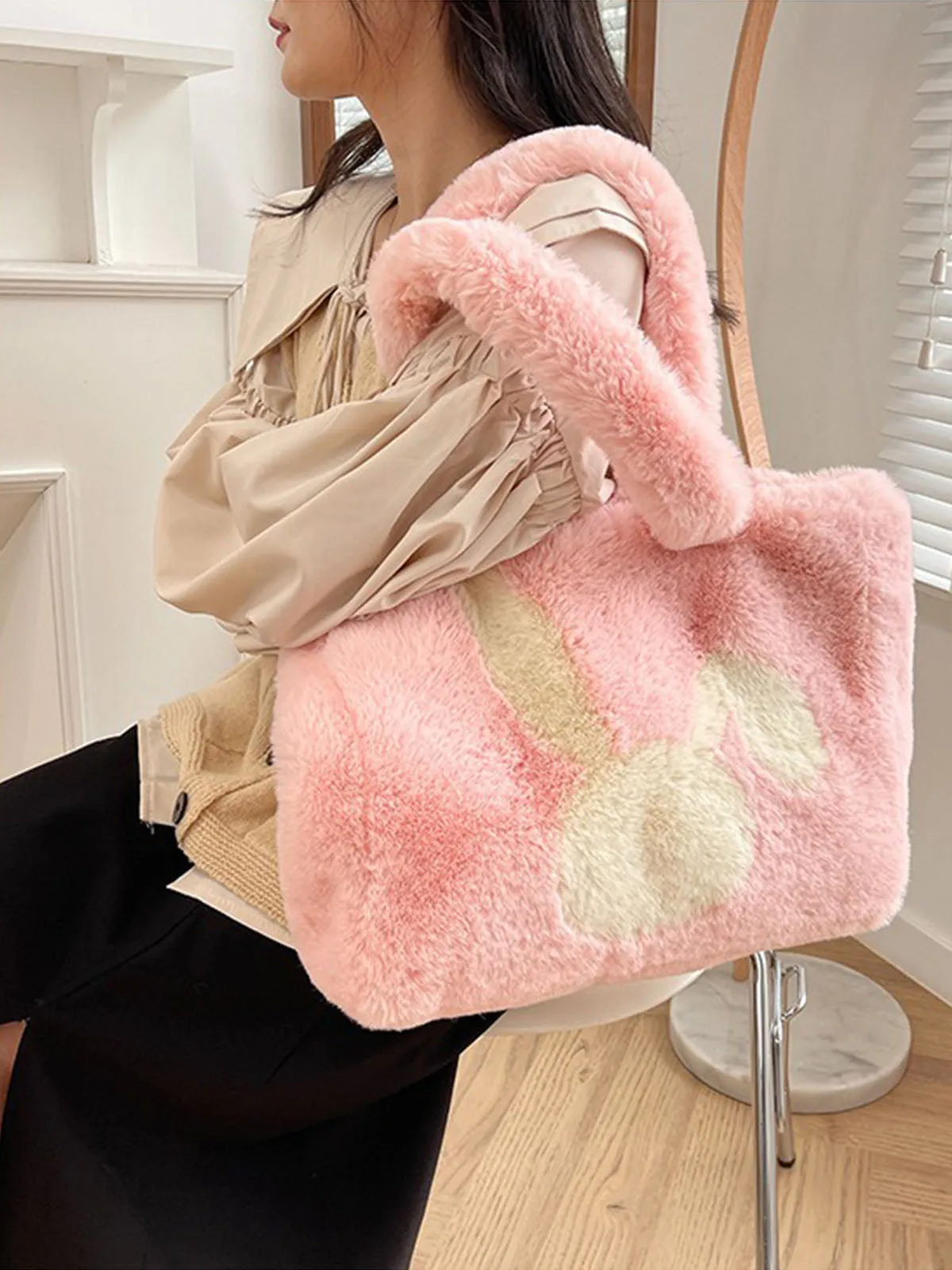 Winter Large Capacity Fluffy Tote Bag Rabbit Print Plush Shoulder Bag