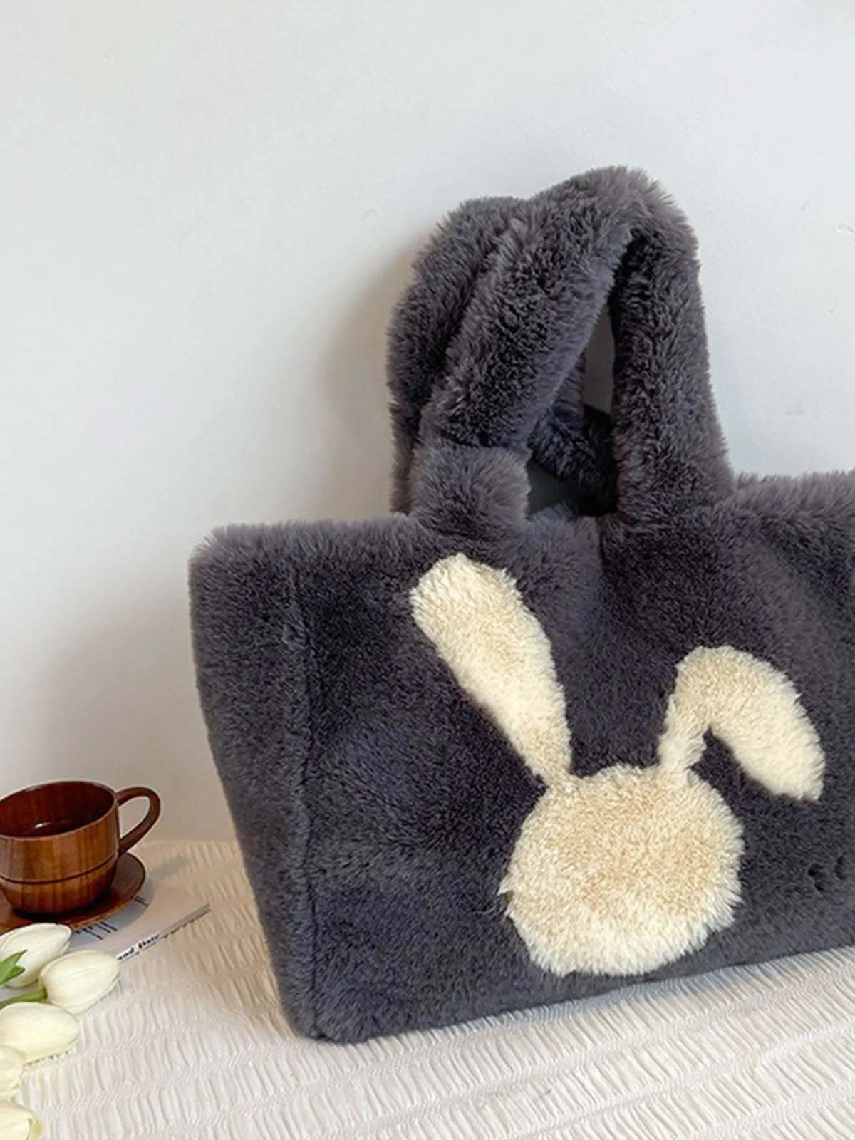 Winter Large Capacity Fluffy Tote Bag Rabbit Print Plush Shoulder Bag