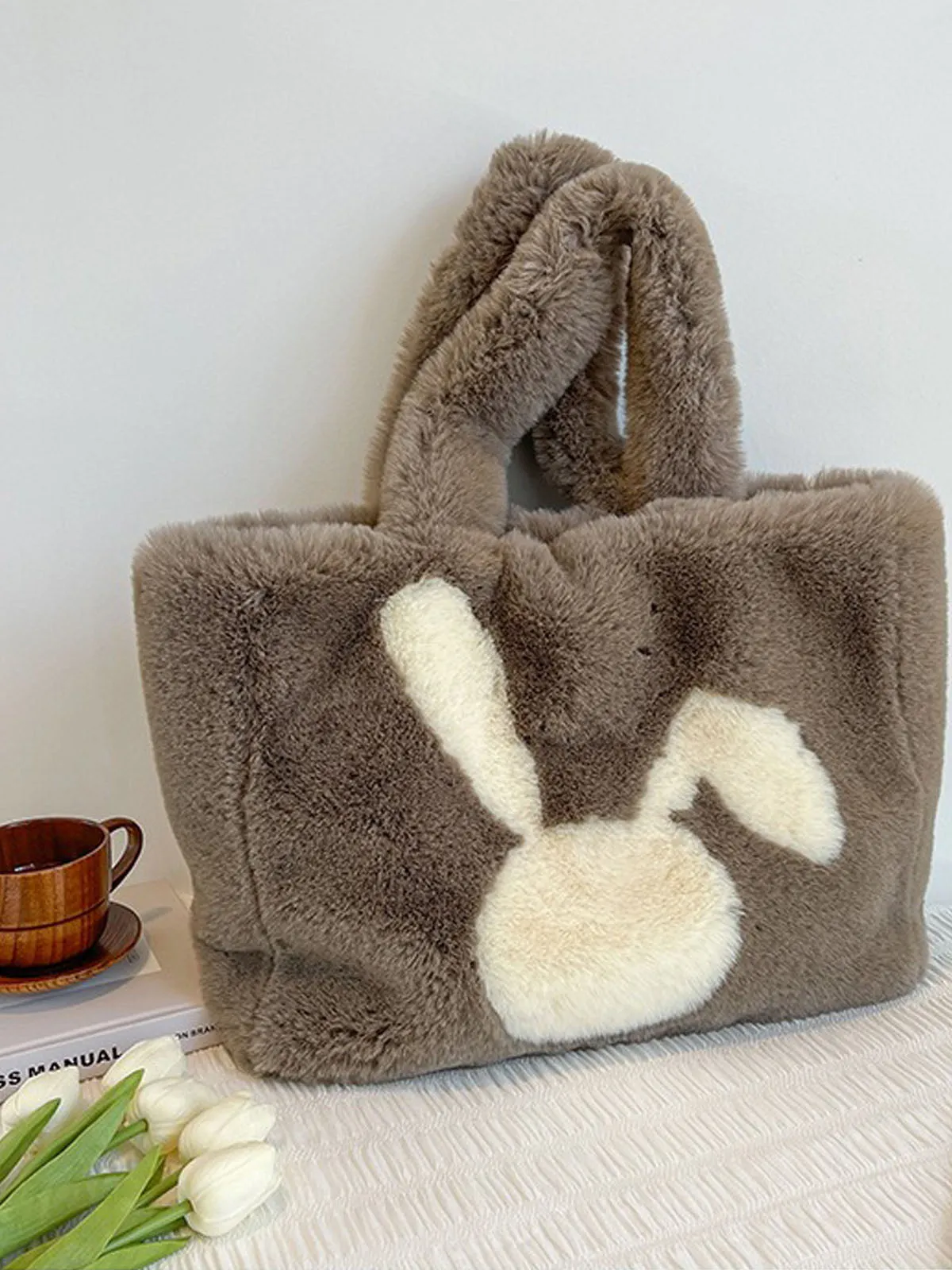 Winter Large Capacity Fluffy Tote Bag Rabbit Print Plush Shoulder Bag