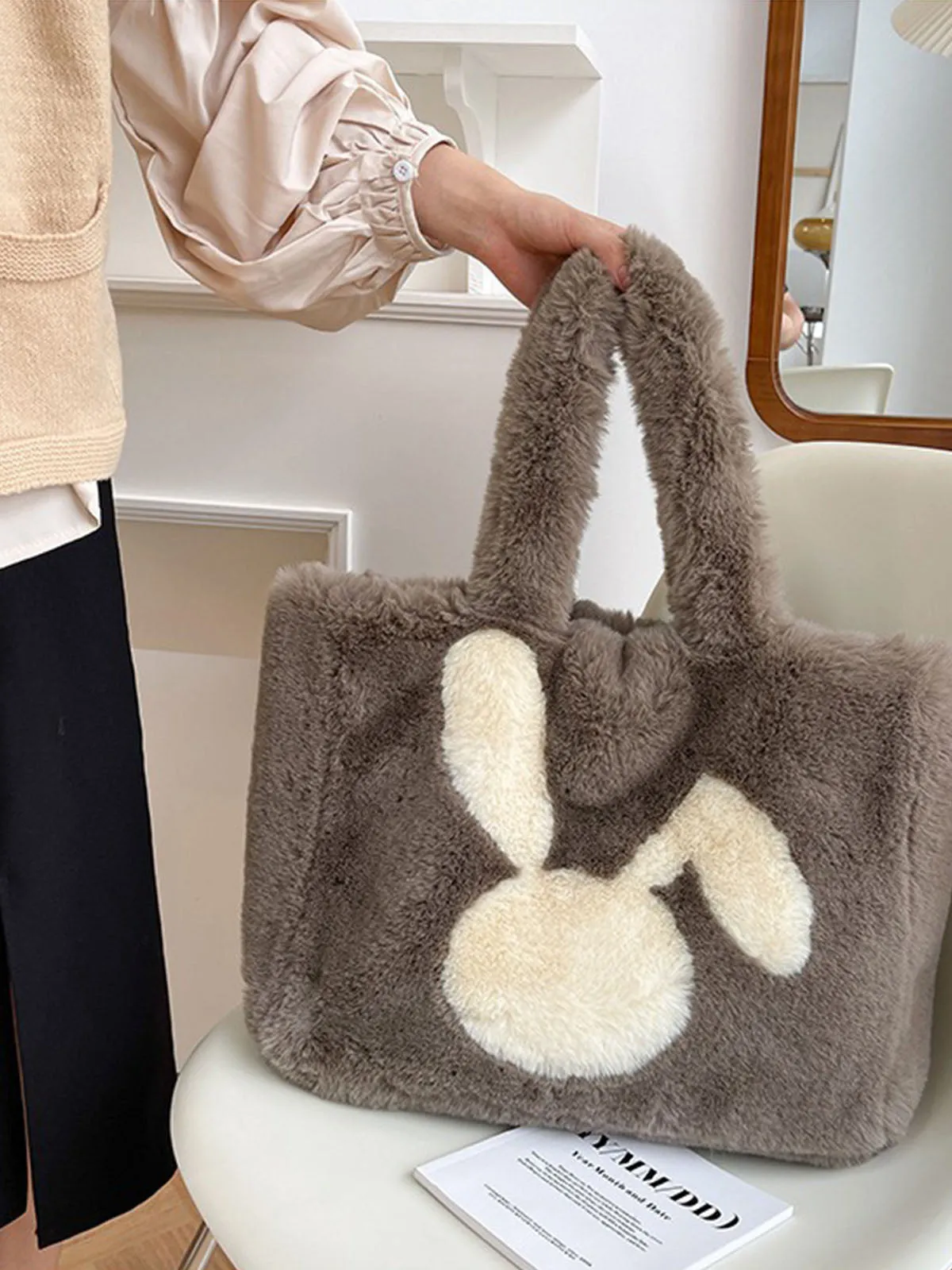 Winter Large Capacity Fluffy Tote Bag Rabbit Print Plush Shoulder Bag