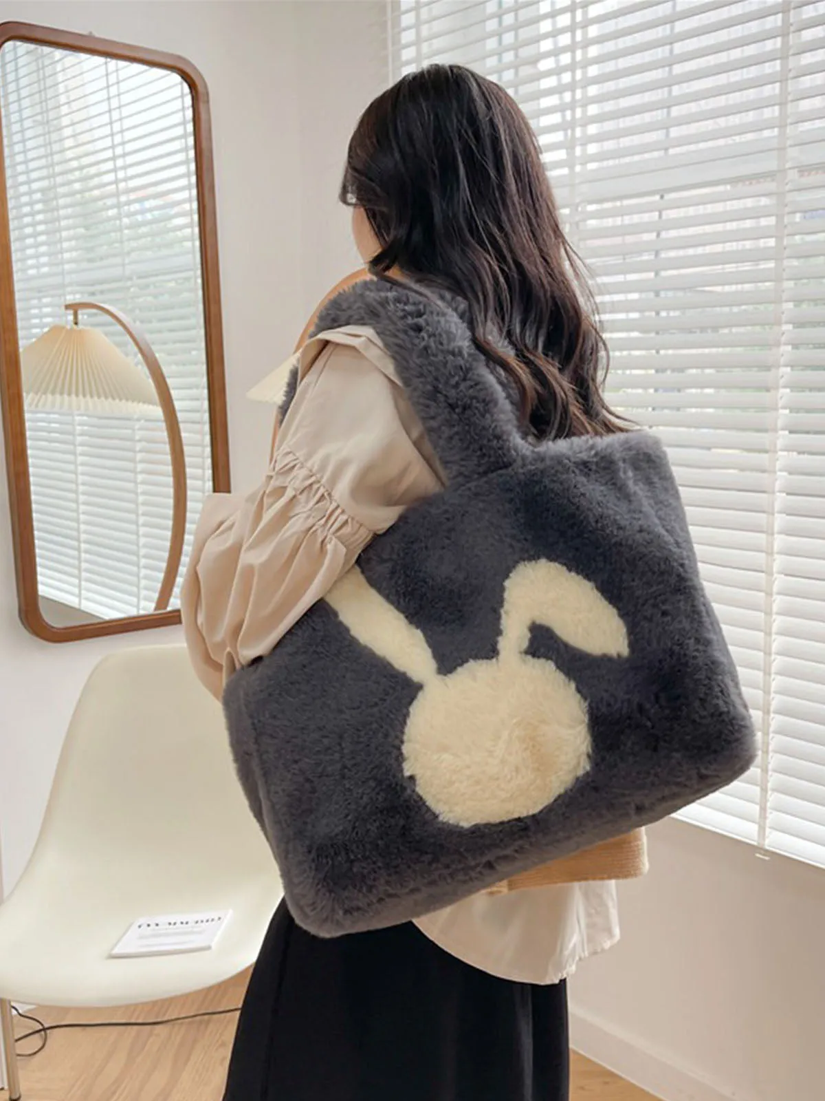 Winter Large Capacity Fluffy Tote Bag Rabbit Print Plush Shoulder Bag